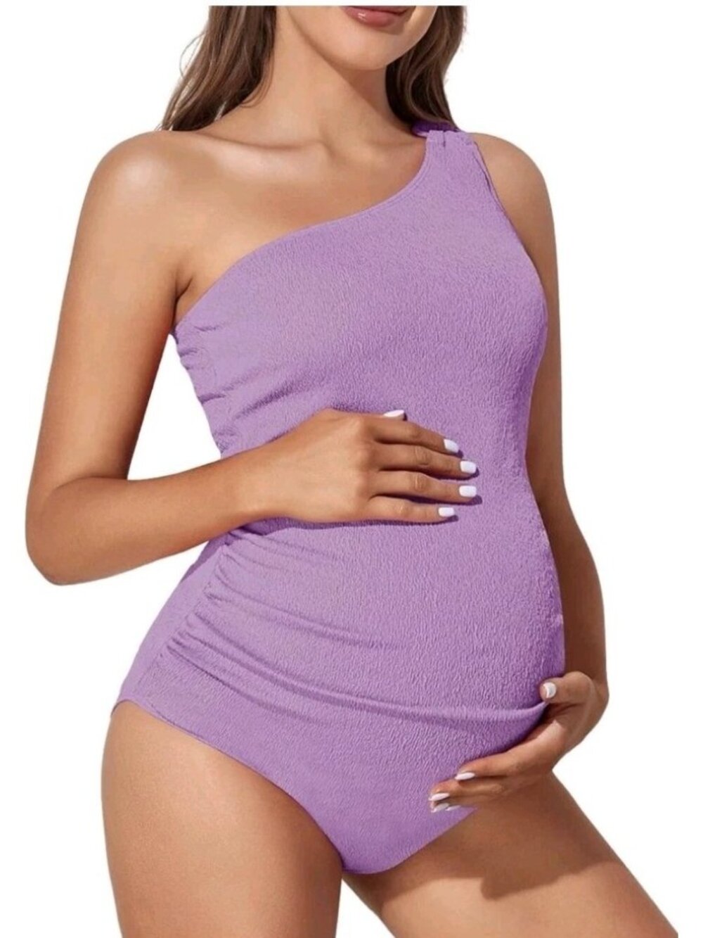 Summer Mae Maternity Swimsuit SZ M Cream One Piece One Shoulder Ribbed Pregnancy - Picture 2 of 7